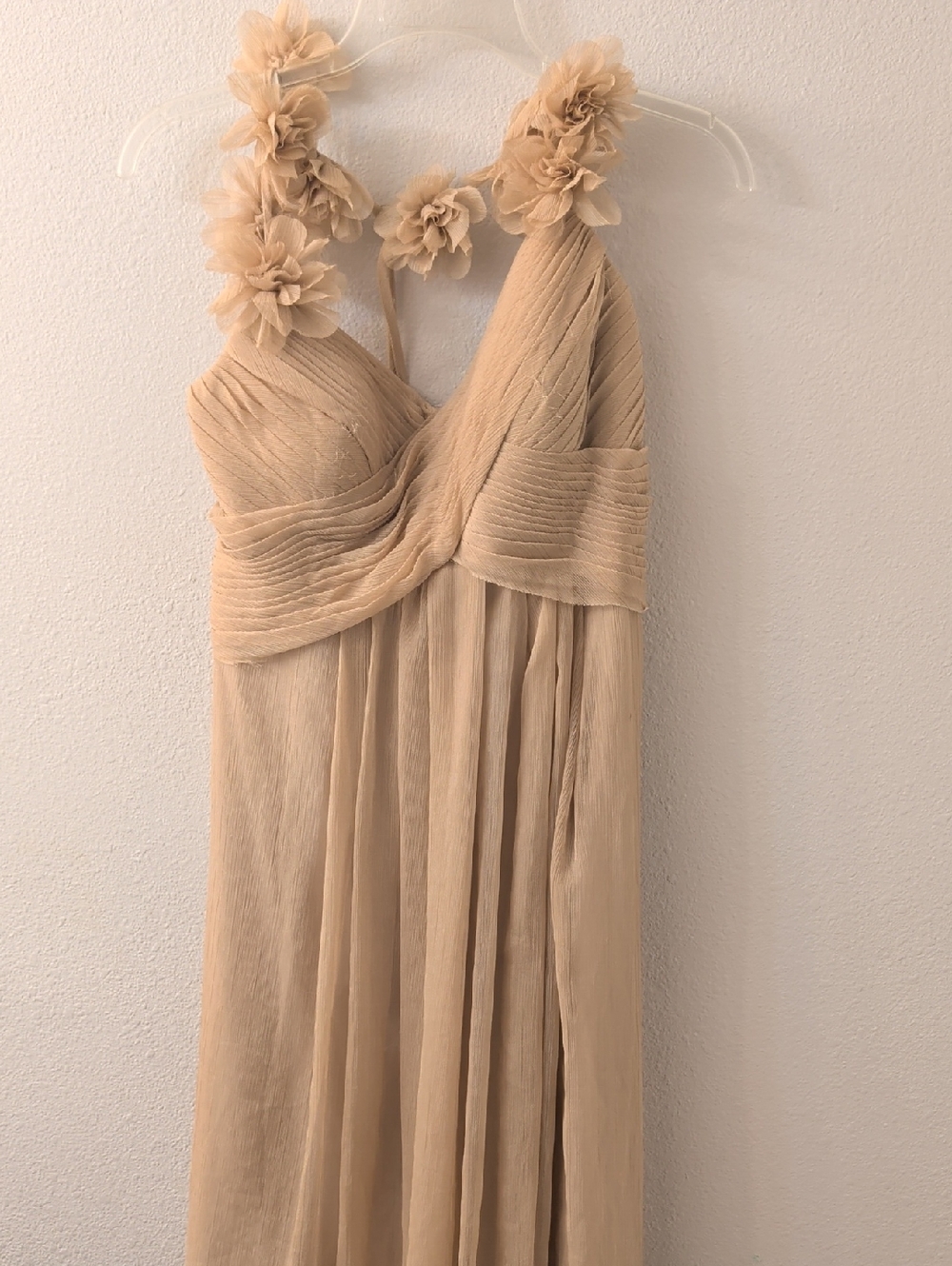 Bari Jay Beige Floral-Strap Chiffon Maxi Dress
